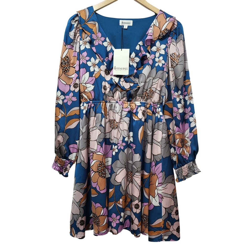 &merci Blue Floral Ruffle V-Neck Mini Dress Long Sleeve‎ Smocked Womens S NEW
